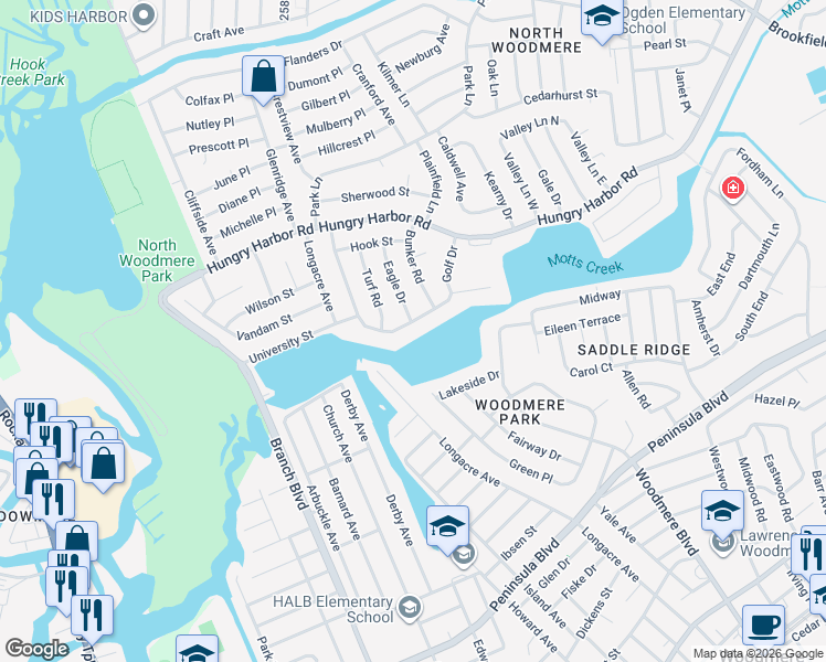 map of restaurants, bars, coffee shops, grocery stores, and more near 657 Golf Drive in Valley Stream