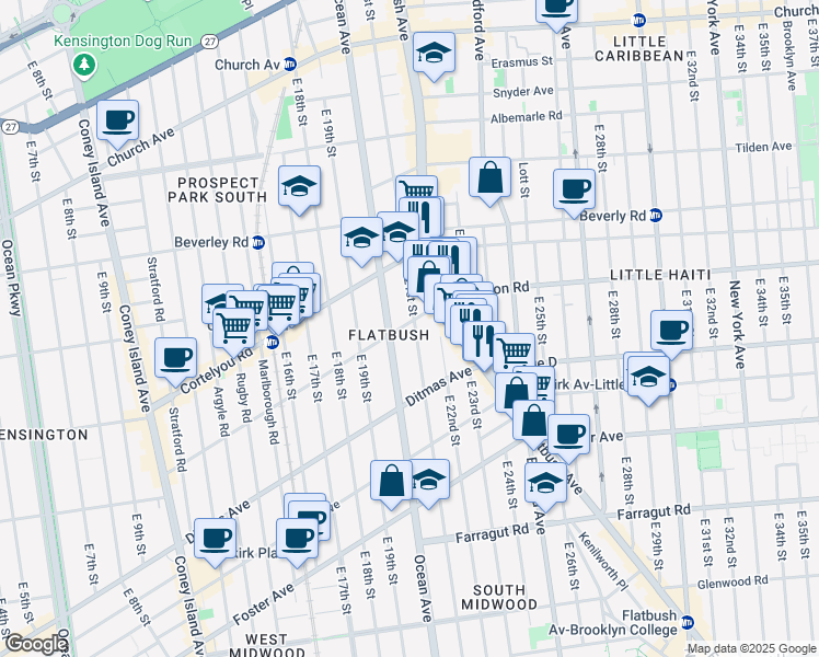 map of restaurants, bars, coffee shops, grocery stores, and more near 2018 Dorchester Road in Brooklyn