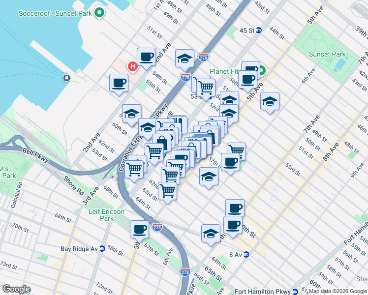 map of restaurants, bars, coffee shops, grocery stores, and more near 452 58th Street in Brooklyn