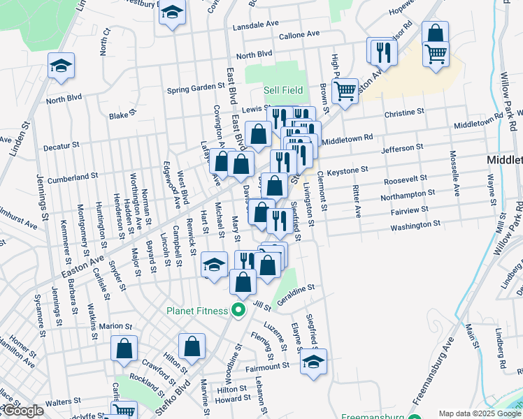 map of restaurants, bars, coffee shops, grocery stores, and more near 2027 Boyd Street in Bethlehem