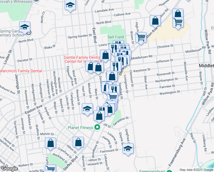 map of restaurants, bars, coffee shops, grocery stores, and more near 2027 Boyd Street in Bethlehem