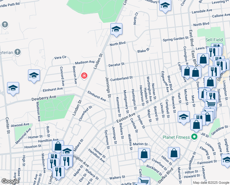 map of restaurants, bars, coffee shops, grocery stores, and more near 2038 Kemmerer Street in Bethlehem