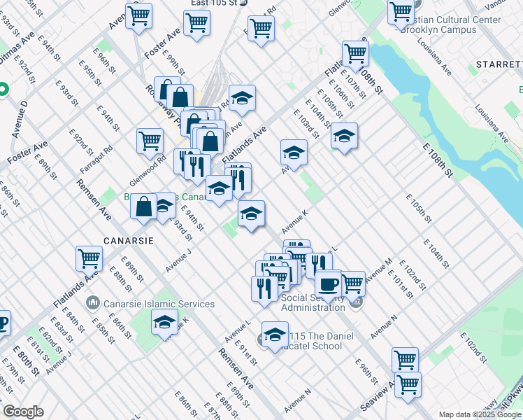 map of restaurants, bars, coffee shops, grocery stores, and more near 1625 Rockaway Parkway in Brooklyn