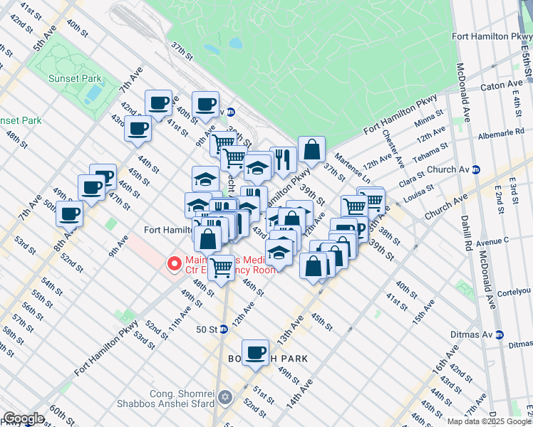 map of restaurants, bars, coffee shops, grocery stores, and more near 1128 42nd Street in Brooklyn