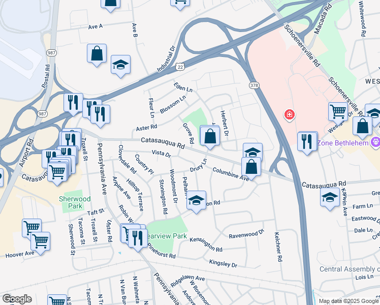 map of restaurants, bars, coffee shops, grocery stores, and more near 2033 Catasauqua Road in Bethlehem