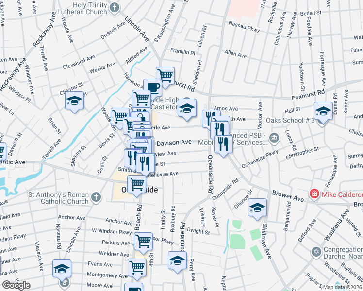 map of restaurants, bars, coffee shops, grocery stores, and more near 82 Fairview Avenue in Oceanside