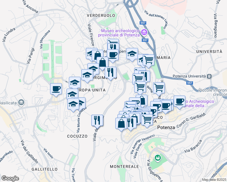 map of restaurants, bars, coffee shops, grocery stores, and more near Via dell'Unicef in Potenza