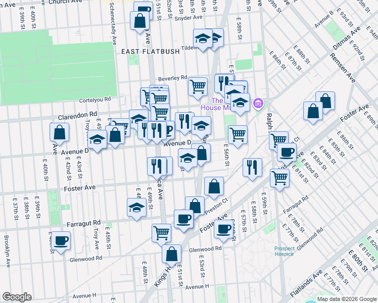 map of restaurants, bars, coffee shops, grocery stores, and more near 5432 Kings Highway in Brooklyn