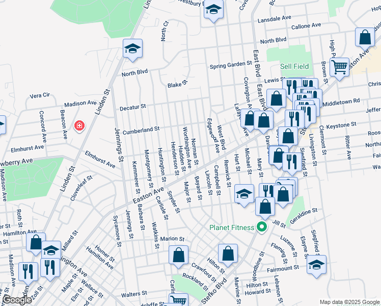 map of restaurants, bars, coffee shops, grocery stores, and more near 2042 Worthington Avenue in Bethlehem