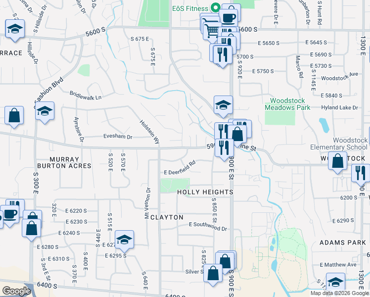 map of restaurants, bars, coffee shops, grocery stores, and more near 775 East Woodshire Circle in Murray