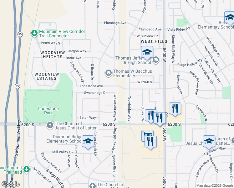 map of restaurants, bars, coffee shops, grocery stores, and more near 6057 South Wakefield Way in Kearns