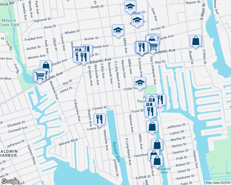 map of restaurants, bars, coffee shops, grocery stores, and more near 294 Roosevelt Avenue in Freeport