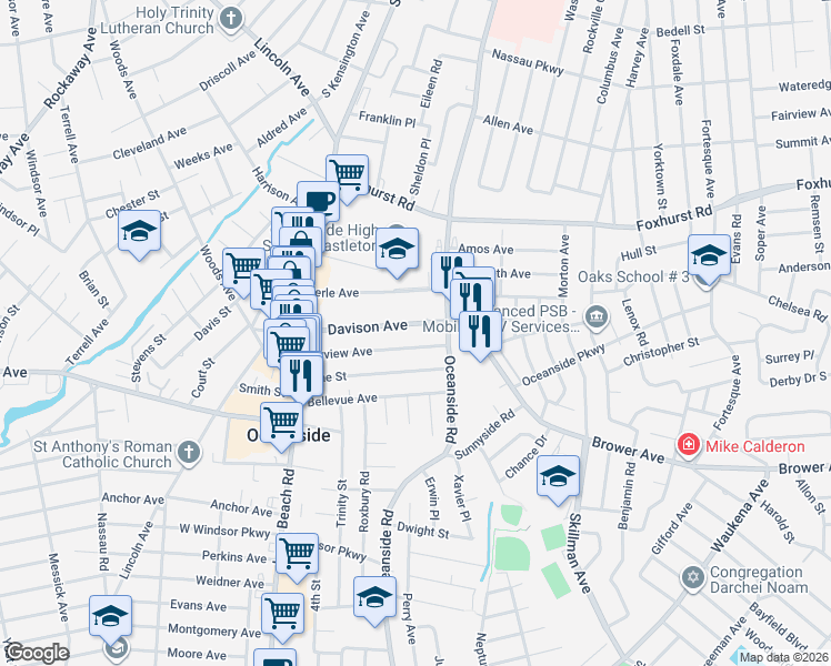 map of restaurants, bars, coffee shops, grocery stores, and more near 136 Fairview Avenue in Oceanside