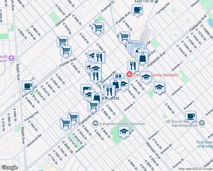 map of restaurants, bars, coffee shops, grocery stores, and more near 1177 Remsen Avenue in Brooklyn