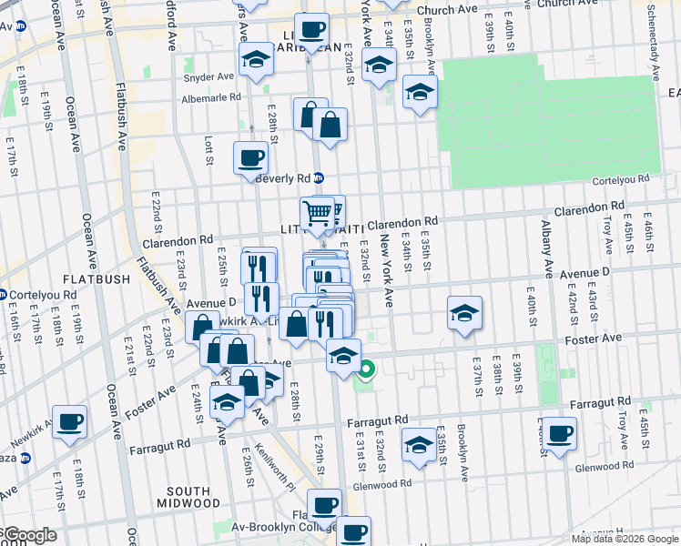 map of restaurants, bars, coffee shops, grocery stores, and more near 1848 Nostrand Avenue in Brooklyn