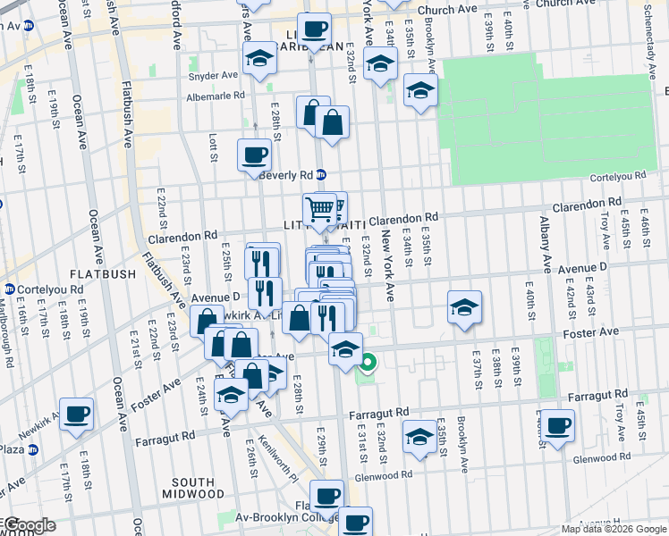 map of restaurants, bars, coffee shops, grocery stores, and more near 1848 Nostrand Avenue in Brooklyn