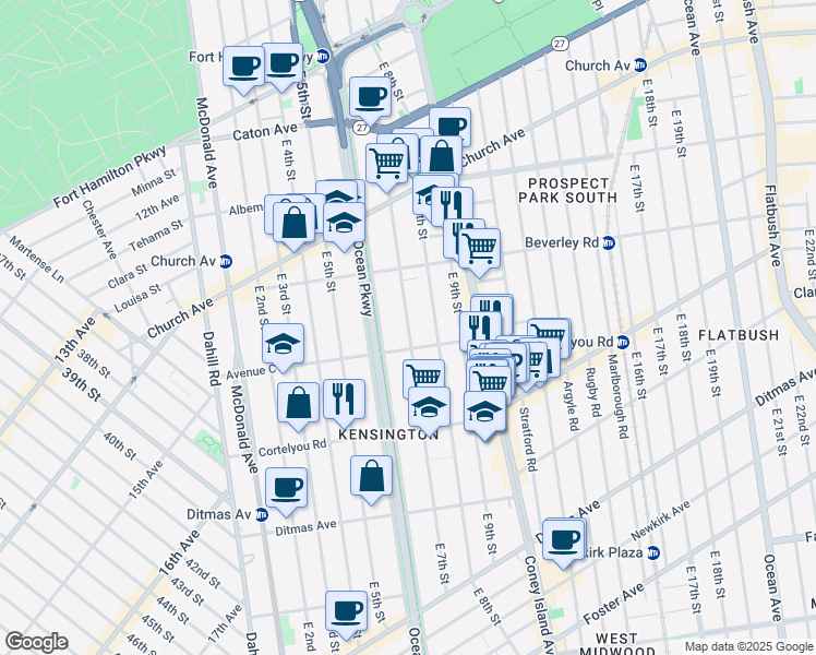 map of restaurants, bars, coffee shops, grocery stores, and more near 696 Avenue C in Brooklyn