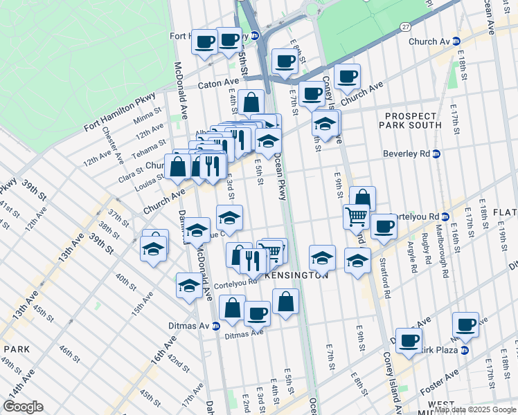 map of restaurants, bars, coffee shops, grocery stores, and more near 433 East 4th Street in Brooklyn