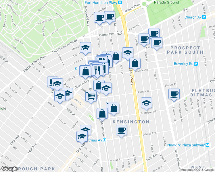 map of restaurants, bars, coffee shops, grocery stores, and more near 442 East 3rd Street in Brooklyn