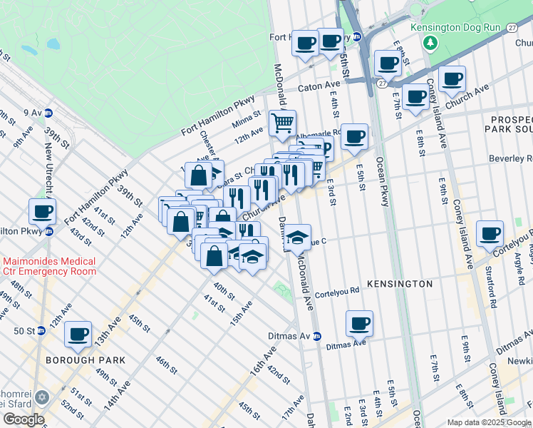 map of restaurants, bars, coffee shops, grocery stores, and more near 1416 35th Street in Brooklyn