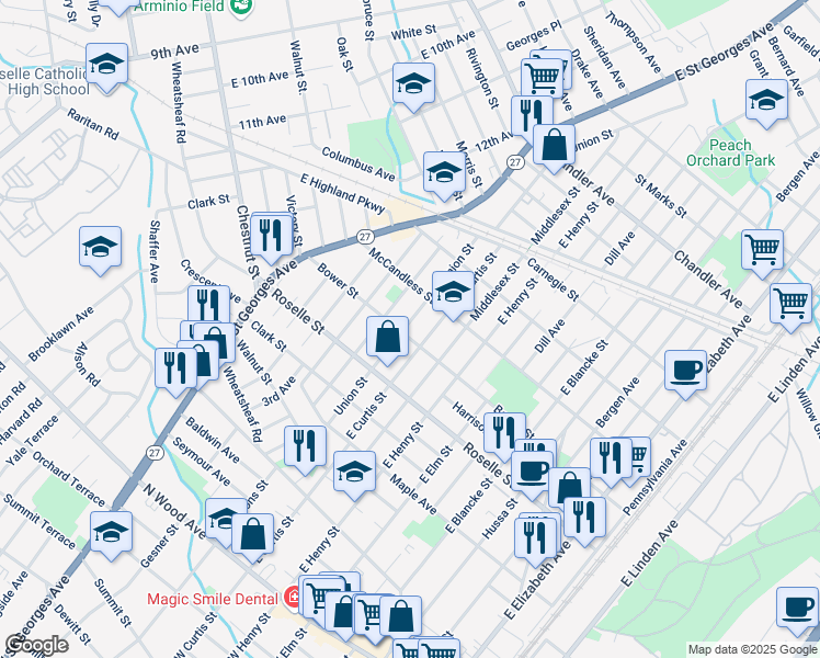 map of restaurants, bars, coffee shops, grocery stores, and more near 1013 Bower Street in Linden