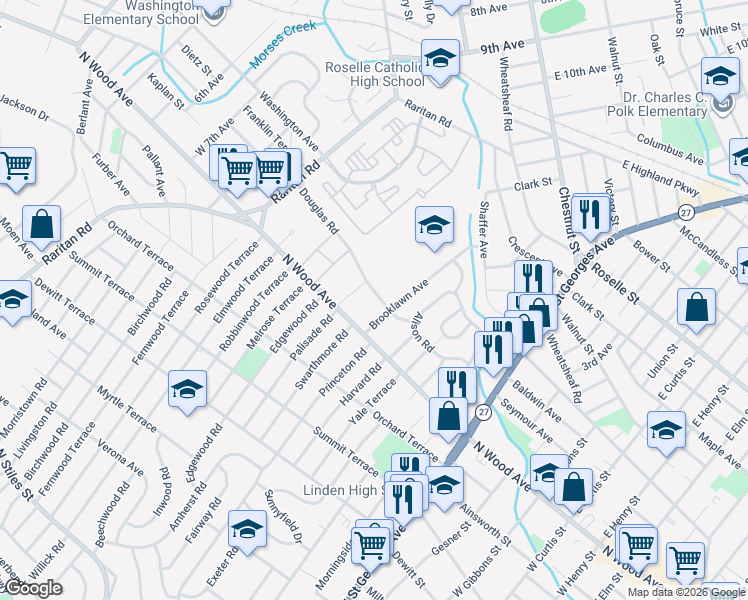 map of restaurants, bars, coffee shops, grocery stores, and more near 505 Brooklawn Avenue in Roselle