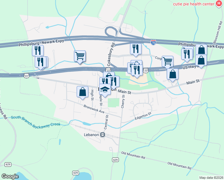 map of restaurants, bars, coffee shops, grocery stores, and more near 81 Main Street in Lebanon