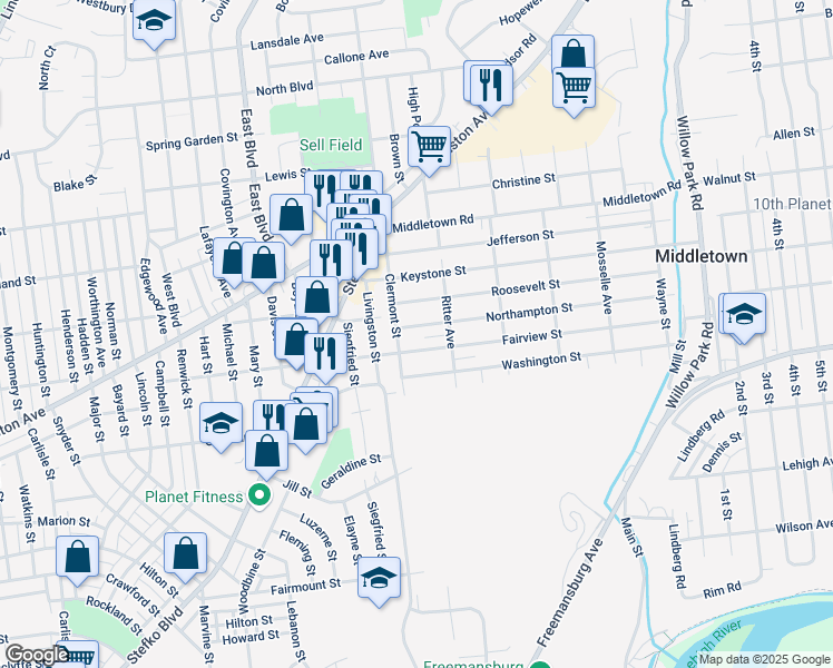 map of restaurants, bars, coffee shops, grocery stores, and more near 2714 Fairview Street in Bethlehem