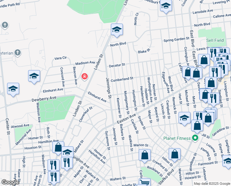 map of restaurants, bars, coffee shops, grocery stores, and more near 2038 Kemmerer Street in Bethlehem