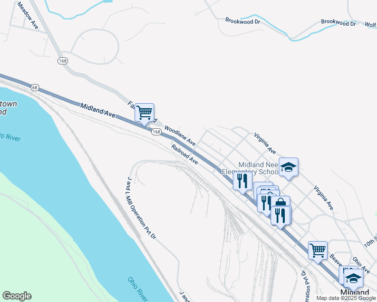 map of restaurants, bars, coffee shops, grocery stores, and more near 320 Midland Avenue in Midland