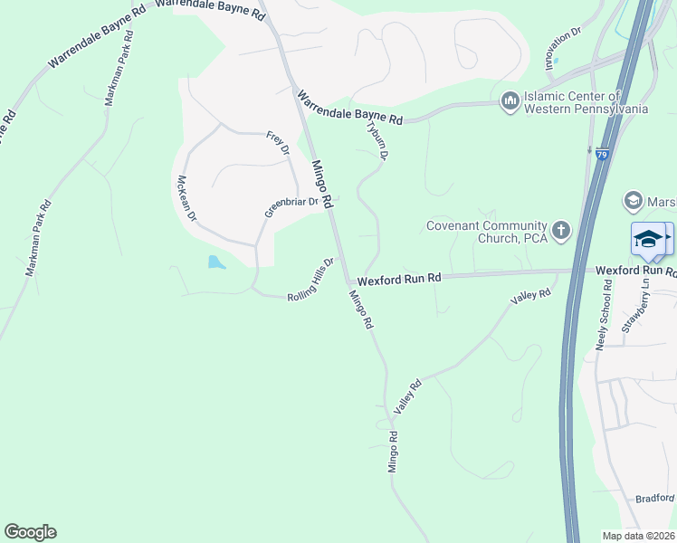 map of restaurants, bars, coffee shops, grocery stores, and more near 206 Rolling Hills Drive in Wexford