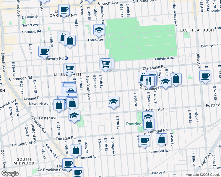 map of restaurants, bars, coffee shops, grocery stores, and more near 1297 Brooklyn Avenue in Brooklyn
