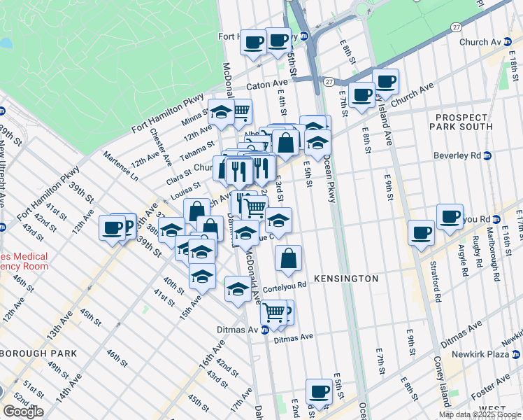 map of restaurants, bars, coffee shops, grocery stores, and more near 543 McDonald Avenue in Brooklyn