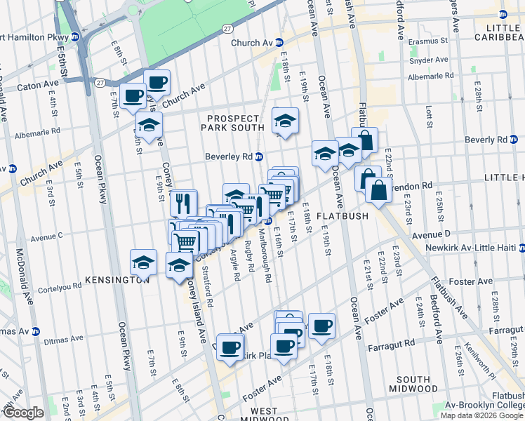 map of restaurants, bars, coffee shops, grocery stores, and more near 1412 Cortelyou Road in Brooklyn
