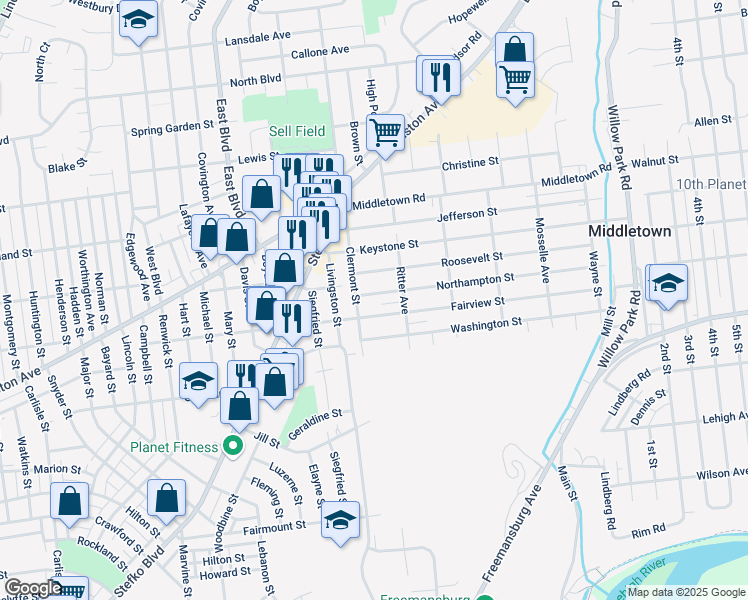 map of restaurants, bars, coffee shops, grocery stores, and more near 2714 Fairview Street in Bethlehem