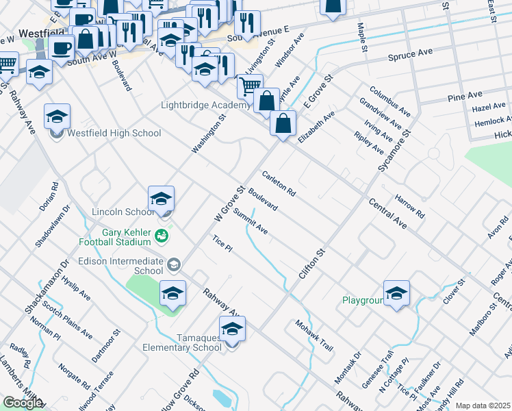 map of restaurants, bars, coffee shops, grocery stores, and more near 837 Summit Avenue in Westfield