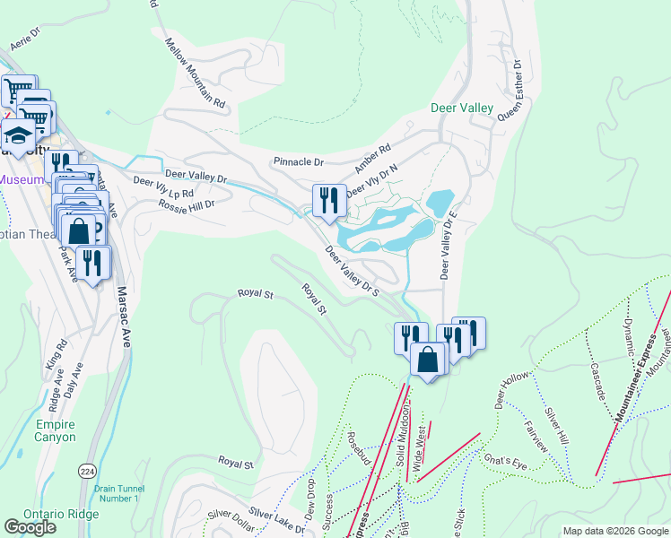 map of restaurants, bars, coffee shops, grocery stores, and more near 1540 Deer Valley Drive South in Park City