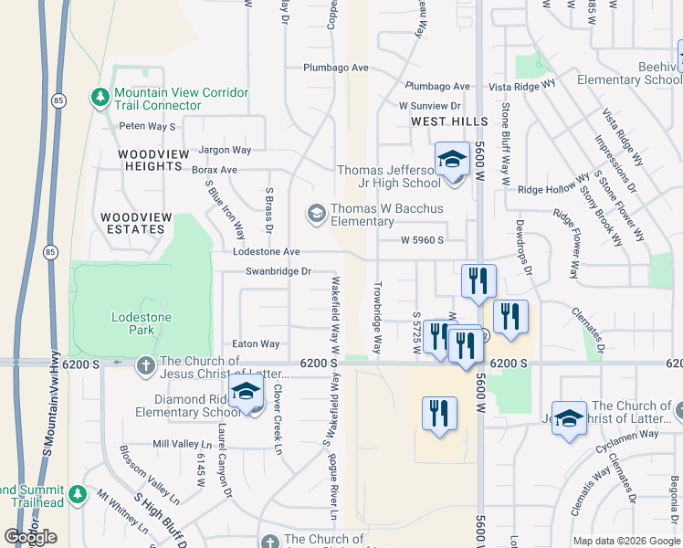 map of restaurants, bars, coffee shops, grocery stores, and more near 6057 South Wakefield Way in Kearns