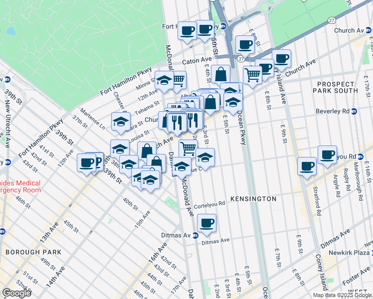 map of restaurants, bars, coffee shops, grocery stores, and more near 511 McDonald Avenue in Brooklyn