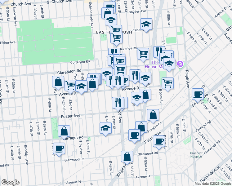 map of restaurants, bars, coffee shops, grocery stores, and more near 5013 Avenue D in Brooklyn