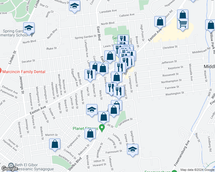 map of restaurants, bars, coffee shops, grocery stores, and more near 2032 Davis Street in Bethlehem