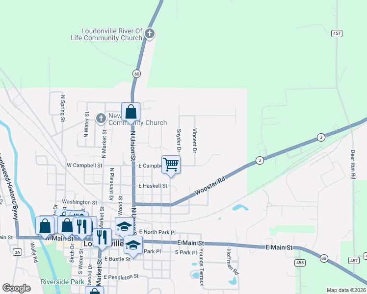 map of restaurants, bars, coffee shops, grocery stores, and more near 545 Vincent Drive in Loudonville