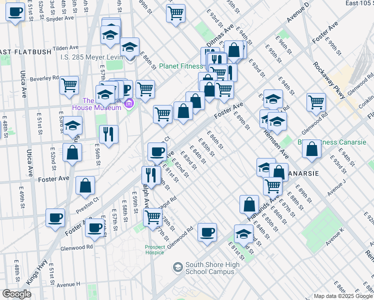 map of restaurants, bars, coffee shops, grocery stores, and more near 8412 Foster Avenue in Brooklyn