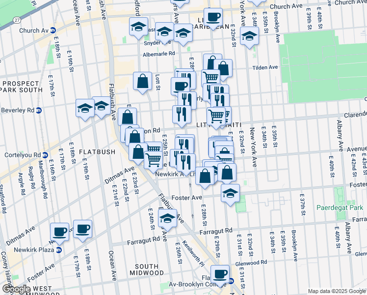 map of restaurants, bars, coffee shops, grocery stores, and more near 1154 Rogers Avenue in Brooklyn