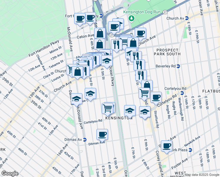 map of restaurants, bars, coffee shops, grocery stores, and more near 300 Ocean Parkway in Brooklyn