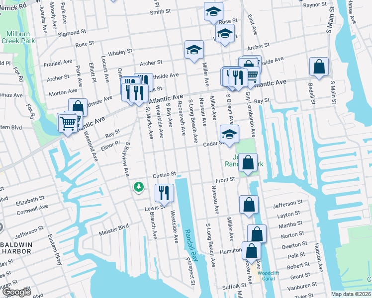 map of restaurants, bars, coffee shops, grocery stores, and more near 133 Cedar Street in Freeport