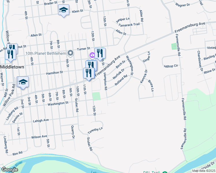 map of restaurants, bars, coffee shops, grocery stores, and more near 1806 Hampton Road in Bethlehem
