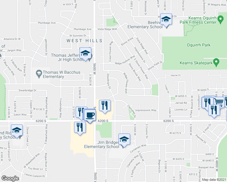 map of restaurants, bars, coffee shops, grocery stores, and more near 6027 Dewdrops Drive in Kearns
