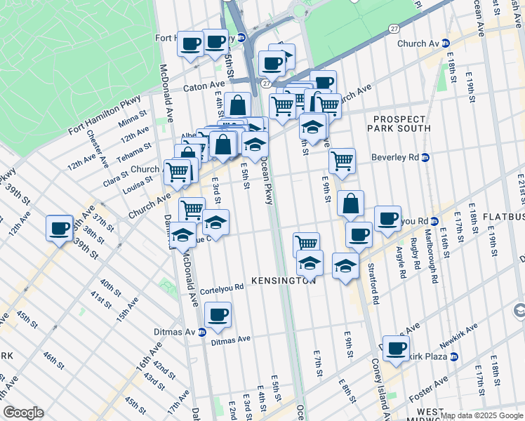 map of restaurants, bars, coffee shops, grocery stores, and more near 280 Ocean Parkway Service Road in Brooklyn