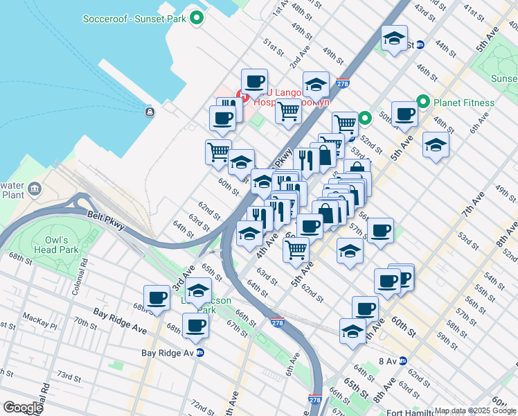 map of restaurants, bars, coffee shops, grocery stores, and more near 330 59th Street in Brooklyn